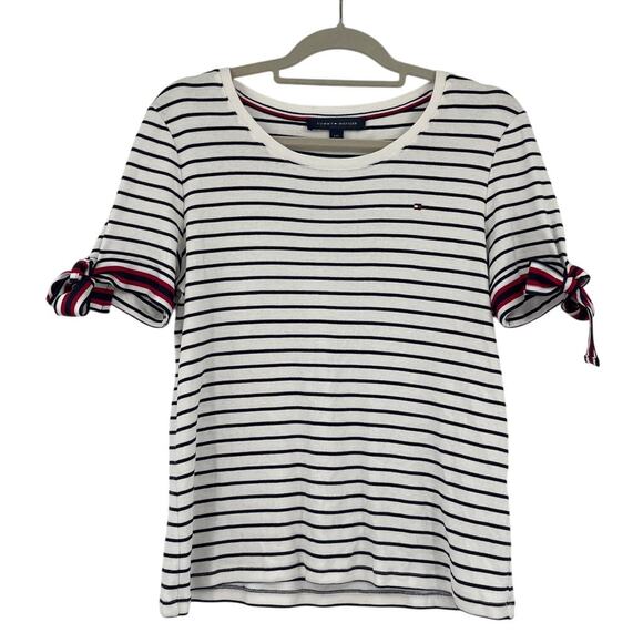 Tommy Hilfiger Stripe Short Sleeve Womens Top Sz L Tie Sleeve Nautical Patriotic - Picture 1 of 11